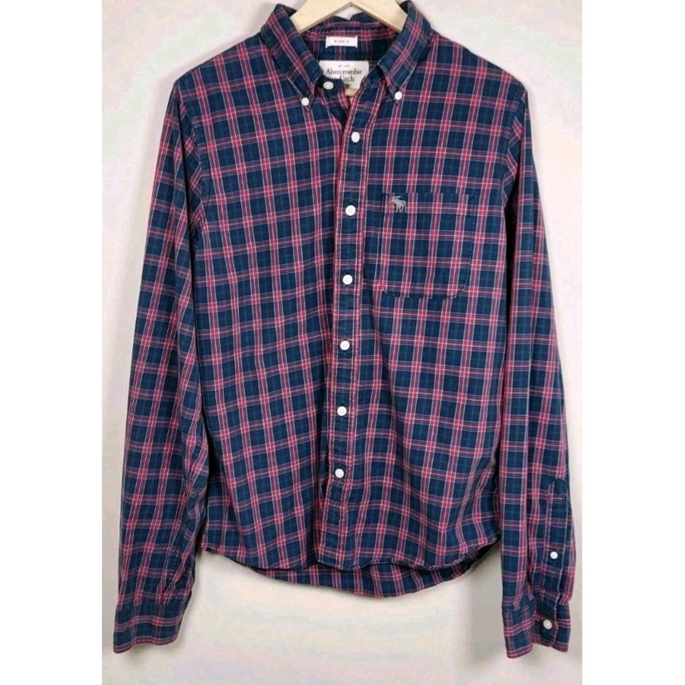 Abercrombie & Fitch Shirt Boys XXL Blue Plaid Muscle Button Down Y2K Vintage